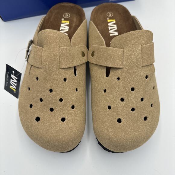 Womens Clogs Slip On Shoes Mules Cork Footbed Suede Leather Size 6 Sand Khaki - Picture 2 of 10